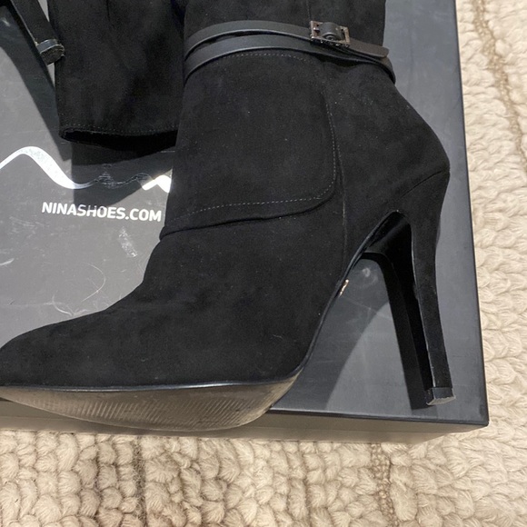 Nina Shoes Black Suede Over The Knee High Heel Boots with Faux Leather strap - Picture 7 of 10